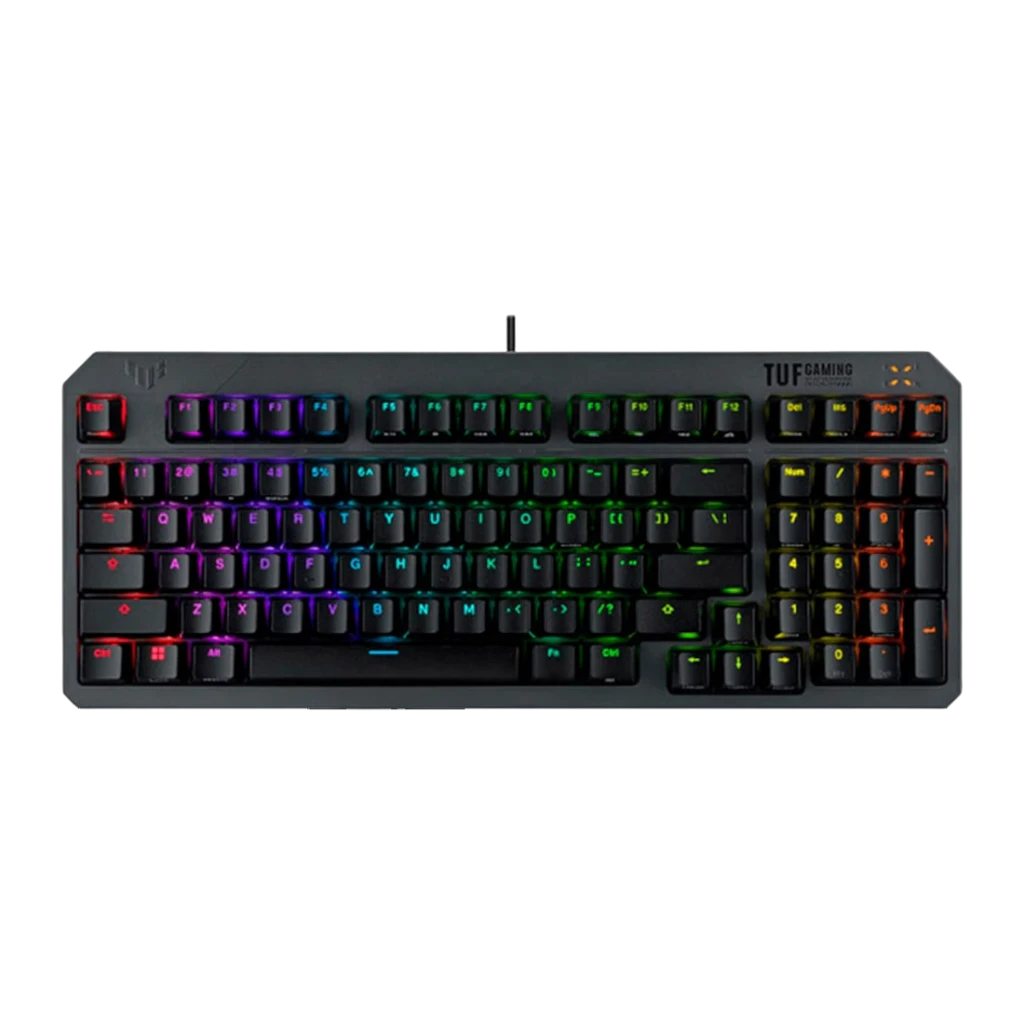 Clavier ASUS TUF Gaming K3 Gen II Switch Optomécanique RGB 96% QWERTY Noir, vue de face: touches rétroéclairées RGB