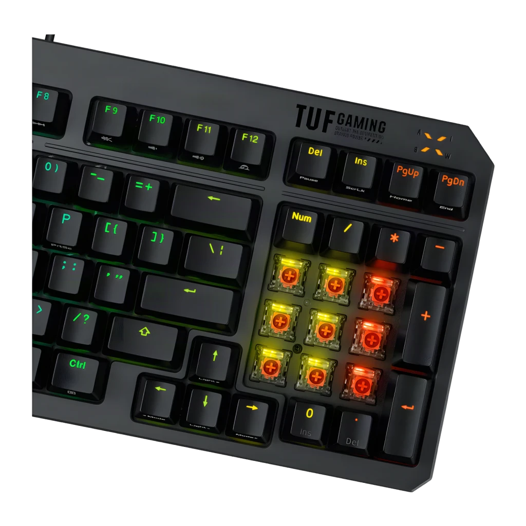 Clavier ASUS TUF Gaming K3 Gen II Switch Optomécanique RGB 96% QWERTY Noir, détail: switches optoméchaniques exposés
