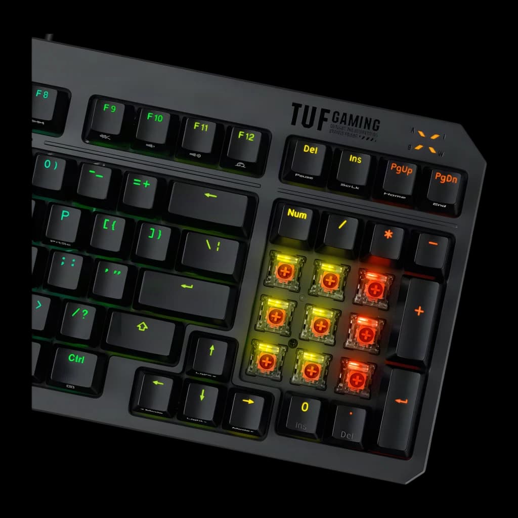 Clavier ASUS TUF Gaming K3 Gen II Switch Optomécanique RGB 96% QWERTY Noir, détail: switches optoméchaniques exposés