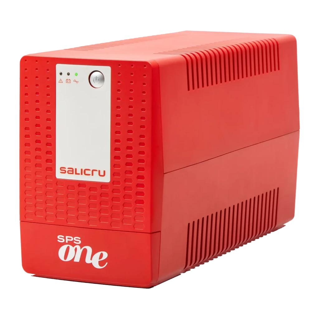 UPS Salicru SPS 2000 ONE IEC Linha Interativa 2000VA 1200W, vista frontal: carcaça vermelha com painel branco, LEDs