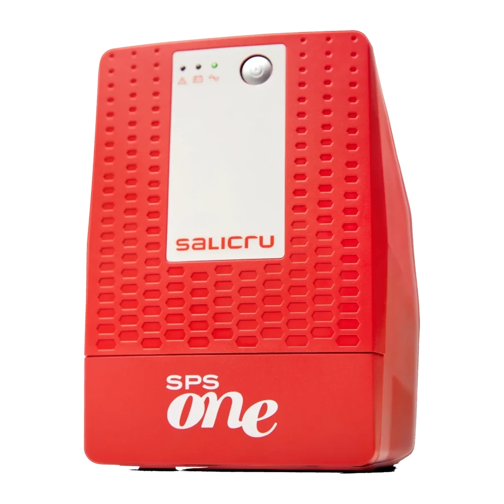 UPS Salicru SPS 2000 ONE IEC Linha Interativa 2000VA 1200W, detalhe: painel frontal vermelho com LEDs indicadores, botão