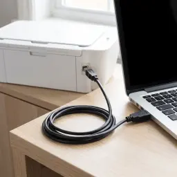 Cable usb Lanberg USB-A 2.0 a USB-B 3m 480Mbit/s Negro, en uso: conectado entre portátil y impresora sobre escritorio