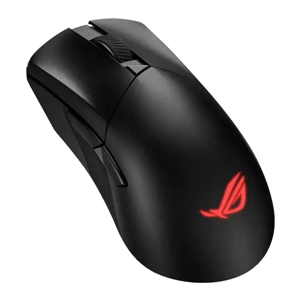 Ratón Gaming ASUS ROG Gladius III Wireless AimPoint Inalámbrico 36000 DPI Negro, vista frontal: logo ROG iluminado en rojo