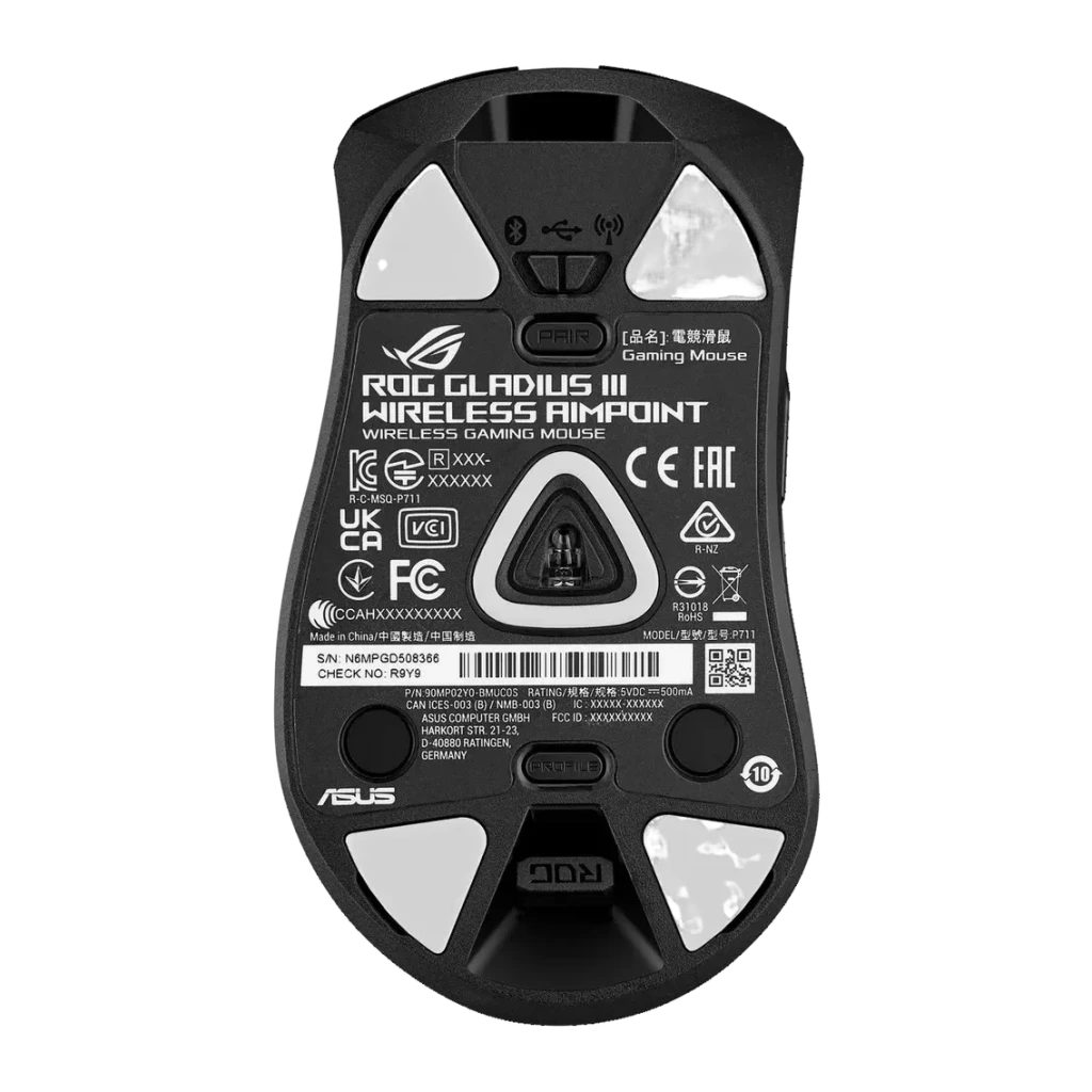 Ratón Gaming ASUS ROG Gladius III Wireless AimPoint Inalámbrico 36000 DPI Negro, vista trasera: sensor óptico central