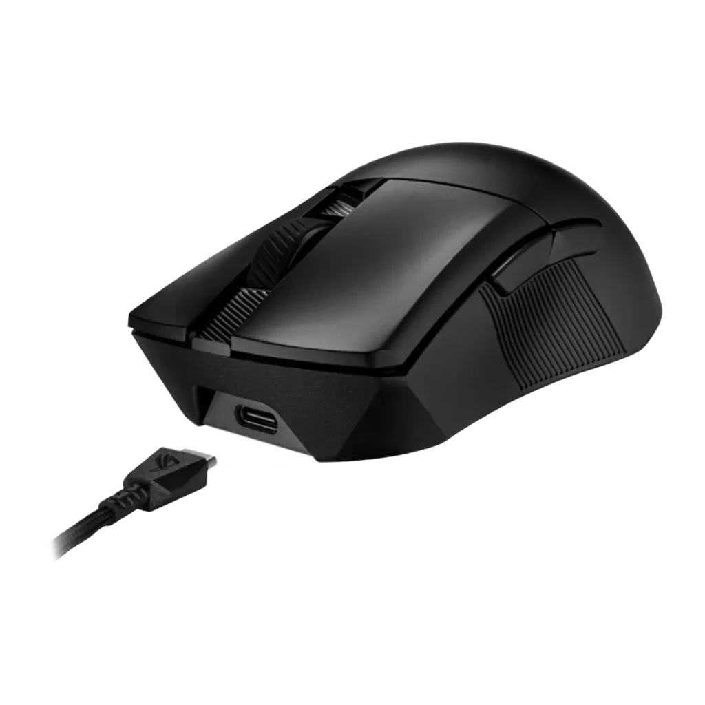 Ratón Gaming ASUS ROG Gladius III Wireless AimPoint Inalámbrico 36000 DPI Negro, detalle: puerto USB-C frontal y cable ROG