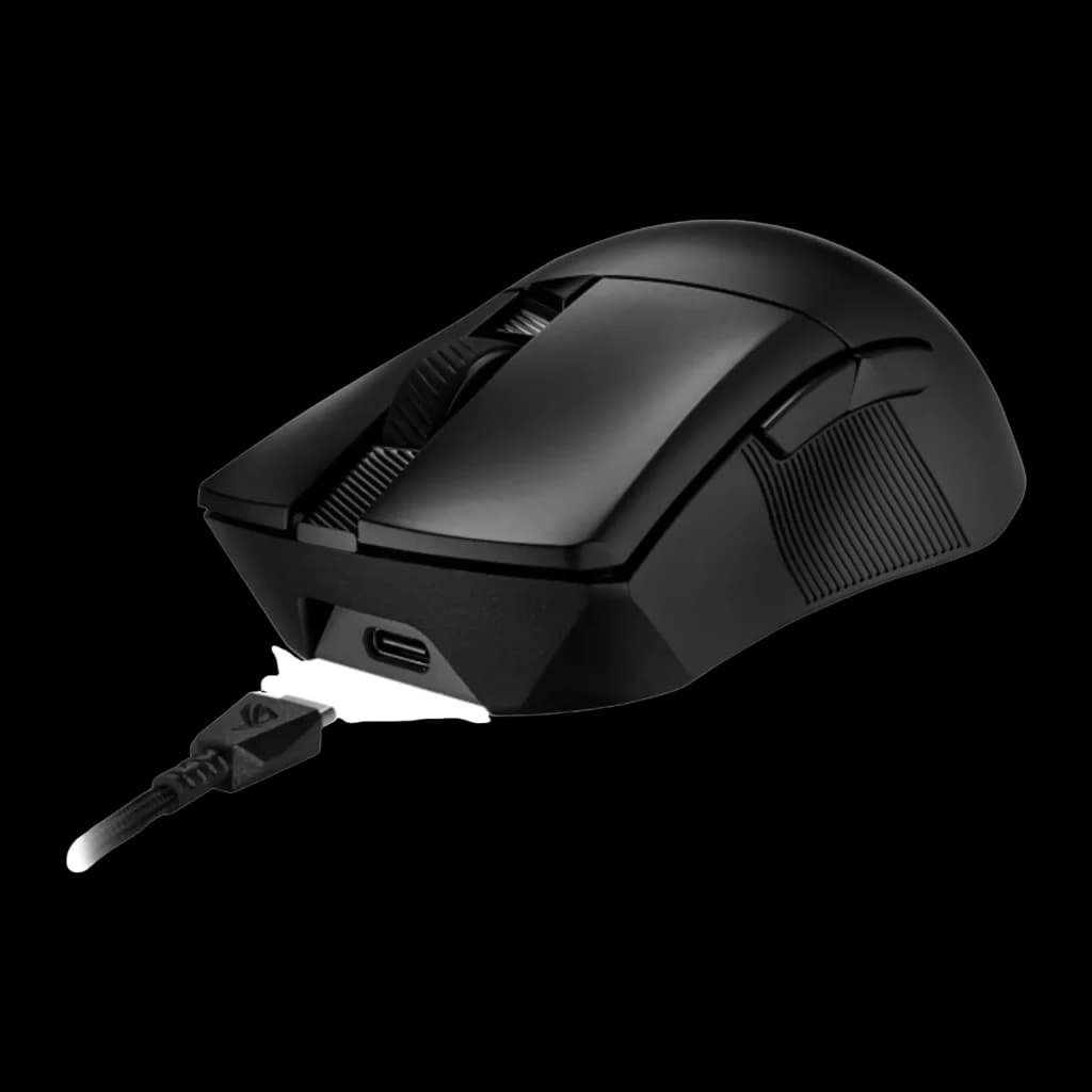 Ratón Gaming ASUS ROG Gladius III Wireless AimPoint Inalámbrico 36000 DPI Negro, detalle: puerto USB-C frontal y cable ROG