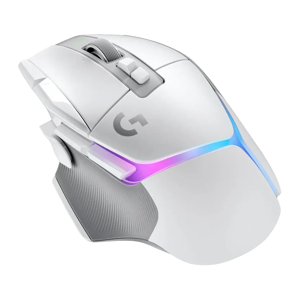 Ratón Gaming Logitech G502 X Plus Lightspeed RGB Inalámbrico 25600 DPI Blanco, vista frontal: iluminación RGB rosa y azul