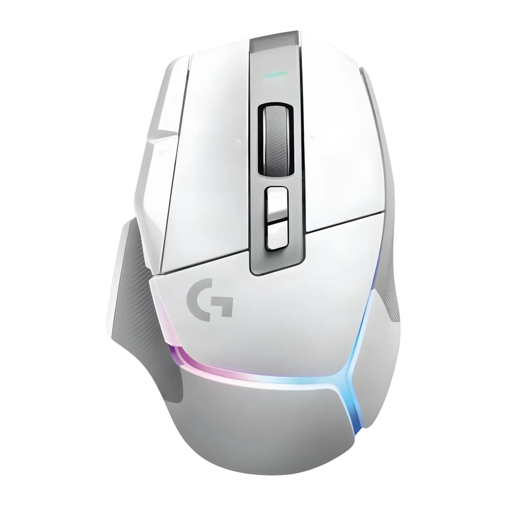 Ratón Gaming Logitech G502 X Plus Lightspeed RGB Inalámbrico 25600 DPI Blanco, detalle: iluminación RGB en arco frontal