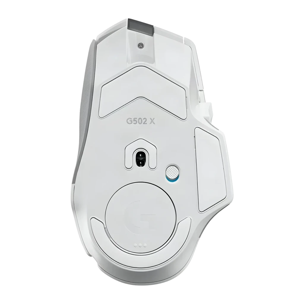 Ratón Gaming Logitech G502 X Plus Lightspeed RGB Inalámbrico 25600 DPI Blanco, vista trasera: sensor óptico, almohadillas