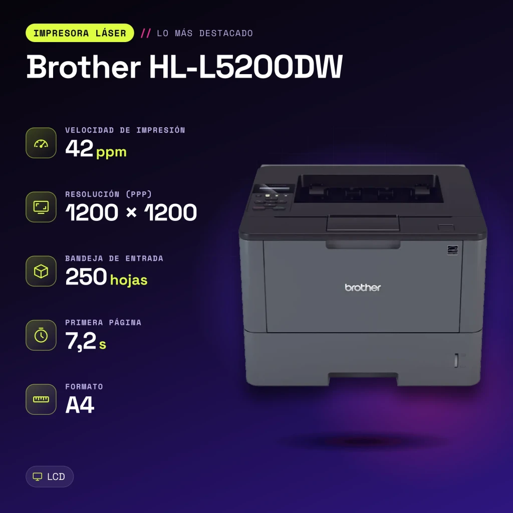 Impresora Brother HL-L5200DW Láser Monocromo Dúplex Automático Gris - características