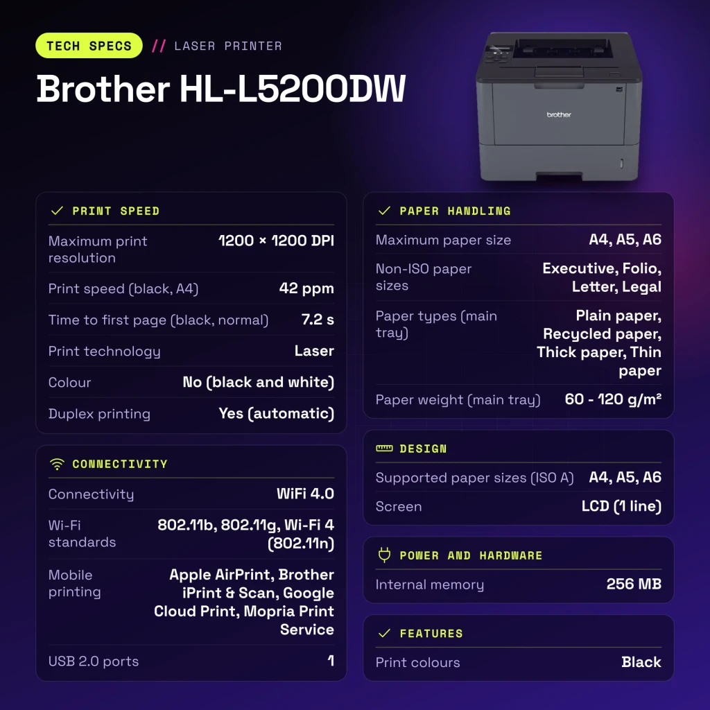 Impresora Brother HL-L5200DW Láser Monocromo Dúplex Automático Gris - características