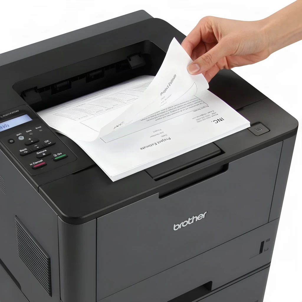 Impresora Brother HL-L5200DW Láser Monocromo Dúplex Automático, en uso: mano recogiendo documento impreso de la bandeja