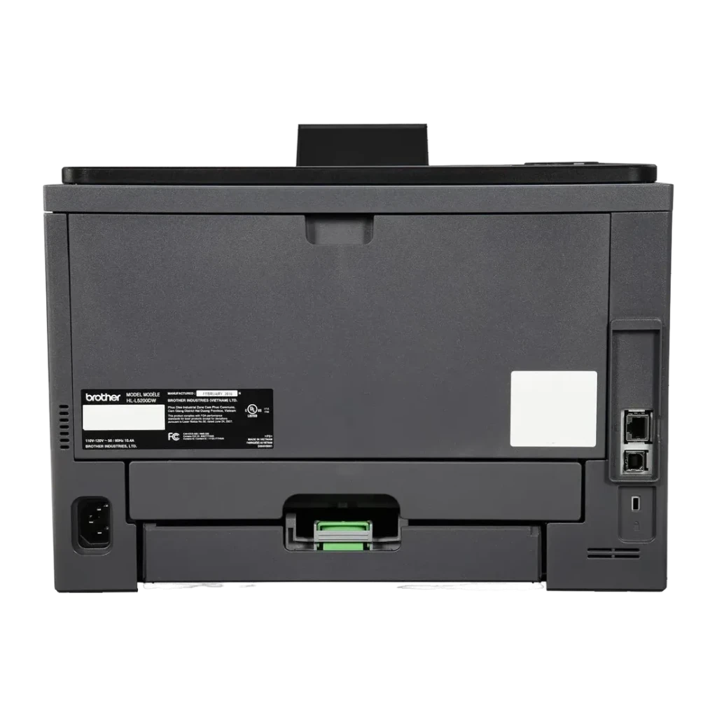 Impresora Brother HL-L5200DW Láser Monocromo Dúplex Automático, vista trasera: puertos USB y Ethernet, conector