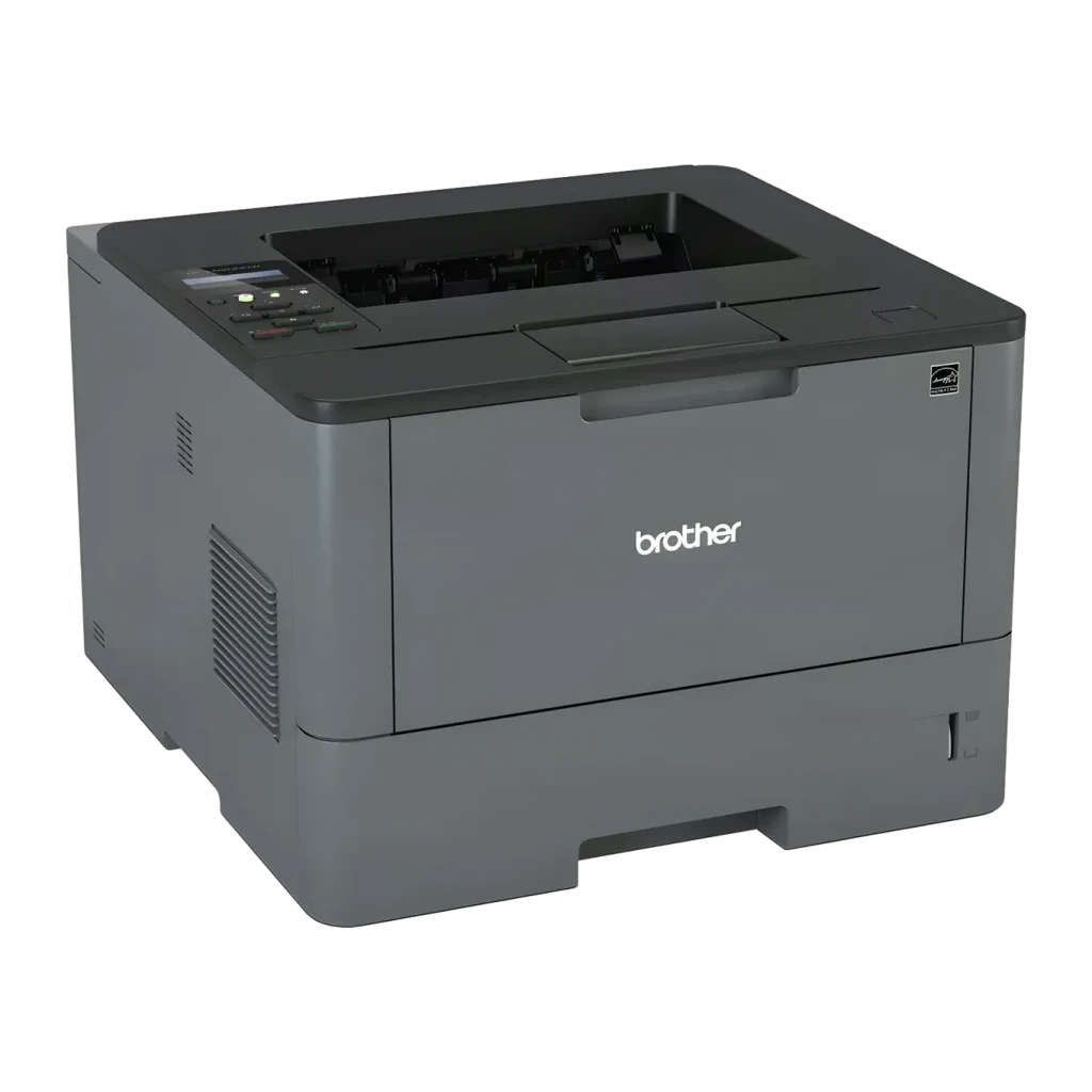 Impresora Brother HL-L5200DW Láser Monocromo Dúplex Automático, detalle: vista en ángulo frontal-lateral con panel