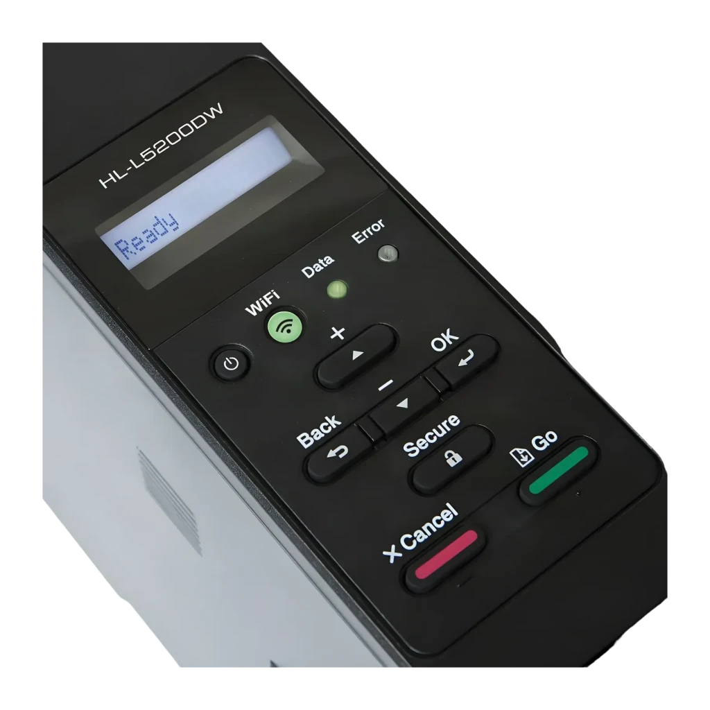 Impresora Brother HL-L5200DW Láser Monocromo Dúplex Automático, detalle: panel de control con pantalla LCD Ready, botón WiFi