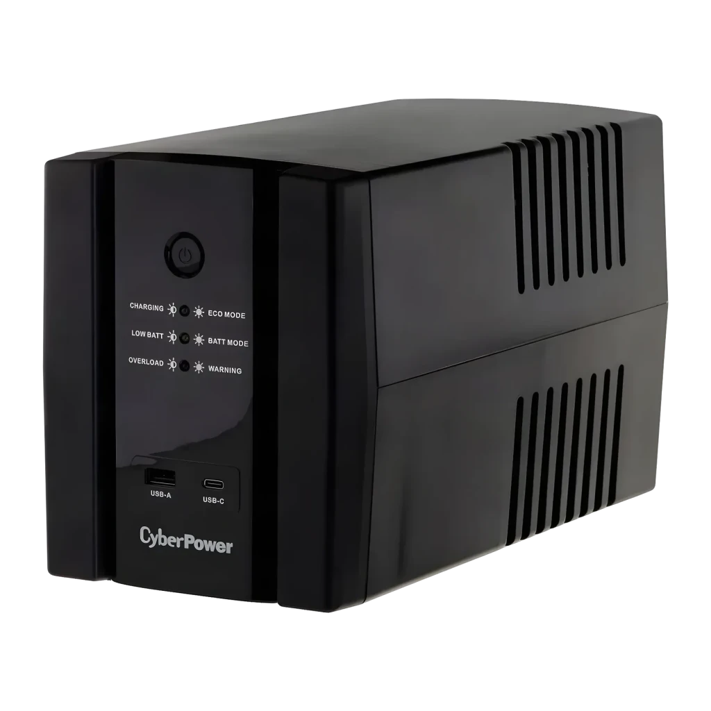 SAI CyberPower Systems UT2200EG Línea Interactiva 2200VA Negro, detalle frontal: LEDs de estado, puertos USB-A y USB-C