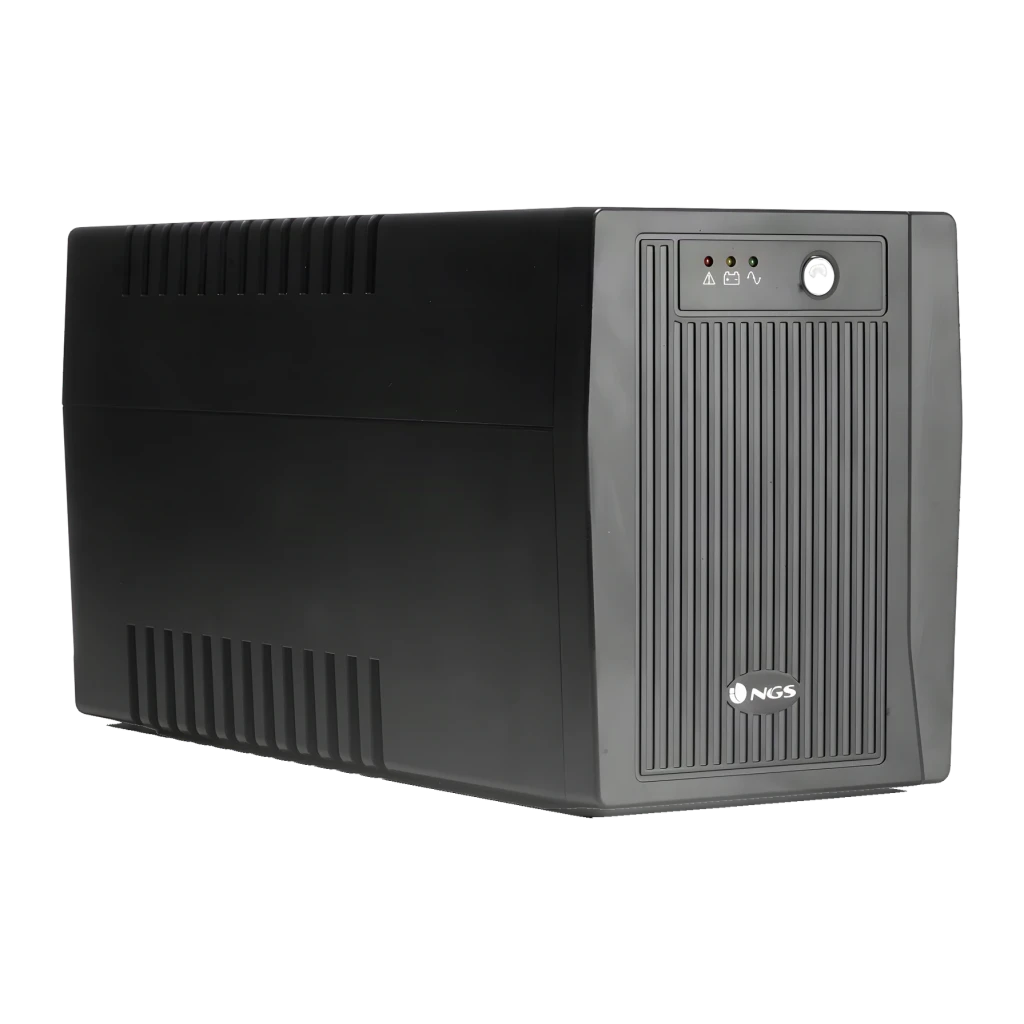 Onduleur NGS Fortress 2000 V2 Offline 1500VA 900W Noir, vue de face: boîtier noir avec grilles de ventilation, voyants LED