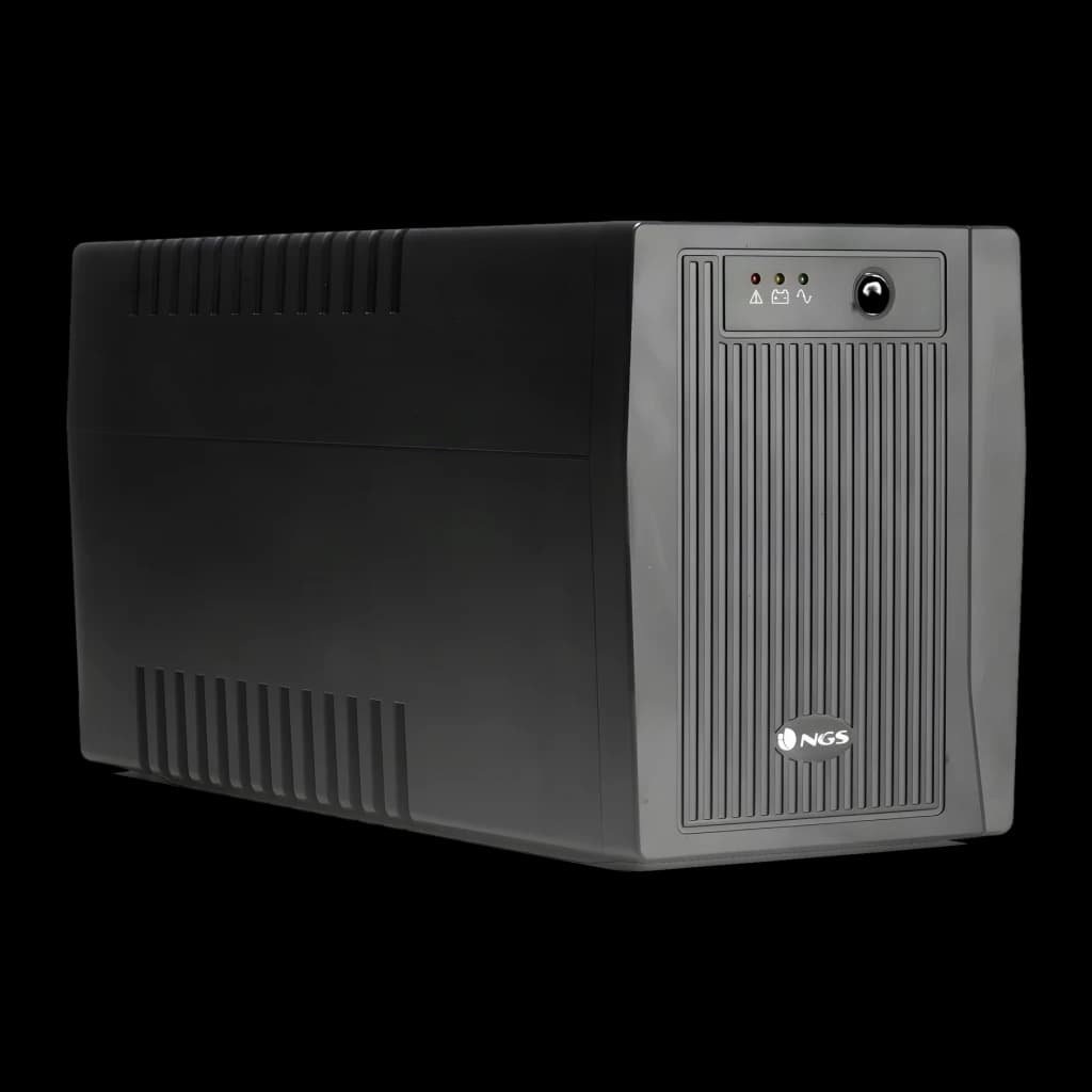 Onduleur NGS Fortress 2000 V2 Offline 1500VA 900W Noir, vue de face: boîtier noir avec grilles de ventilation, voyants LED