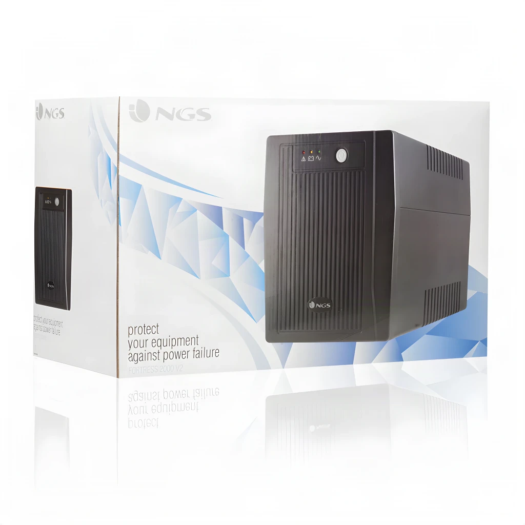 Onduleur NGS Fortress 2000 V2 Offline 1500VA 900W Noir, contenu boîte: emballage avec onduleur noir visible de face