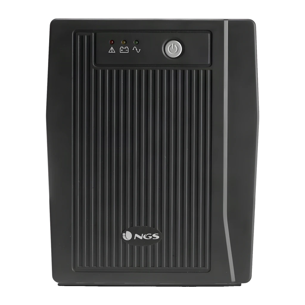 Onduleur NGS Fortress 2000 V2 Offline 1500VA 900W Noir, détail face avant: panneau LEDs indicateurs, bouton marche et grille