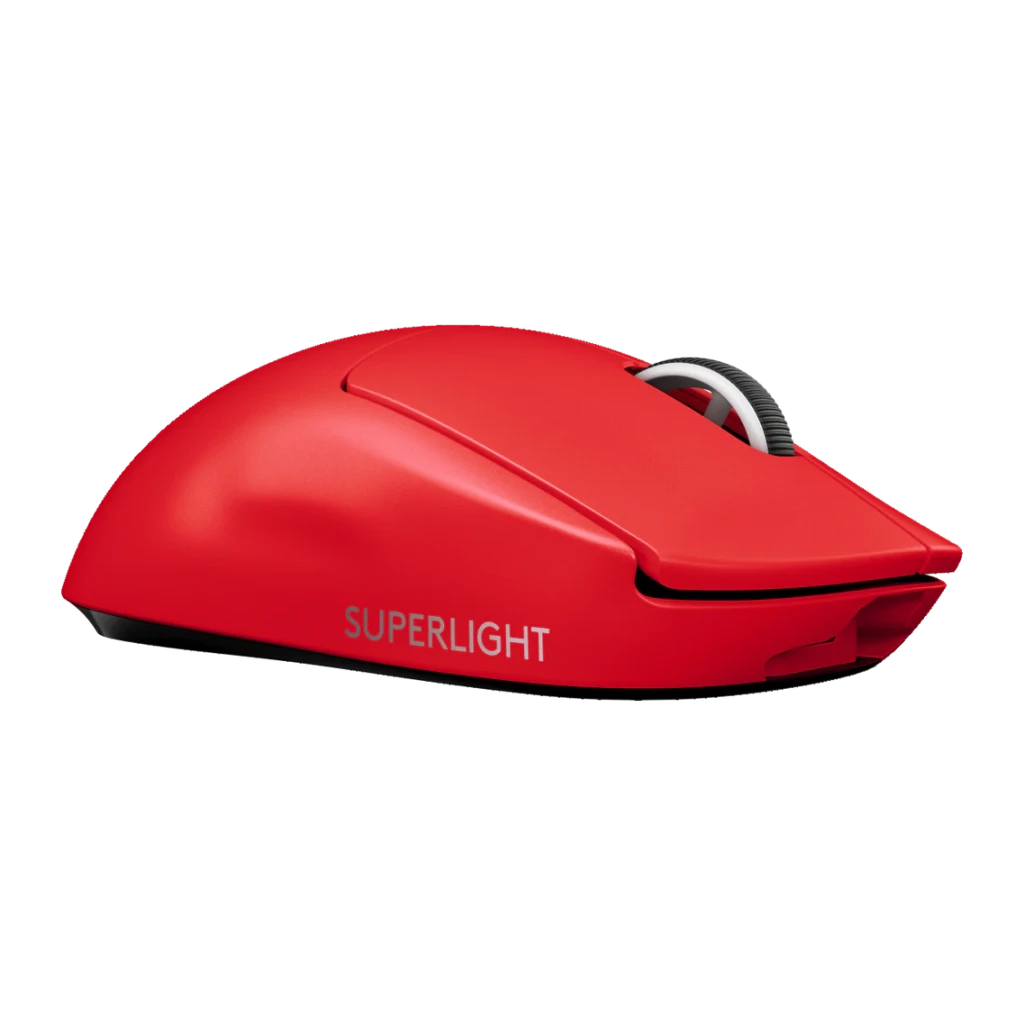 Souris Gaming Logitech G Pro X Superlight Wireless Sans Fil 25600 DPI Rouge, vue de face: corps rouge mat avec inscription
