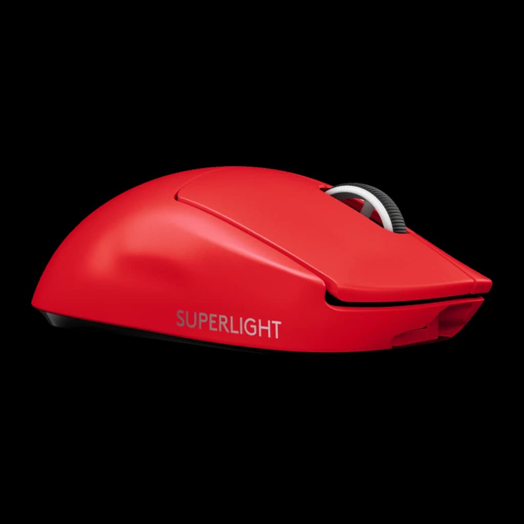 Souris Gaming Logitech G Pro X Superlight Wireless Sans Fil 25600 DPI Rouge, vue de face: corps rouge mat avec inscription