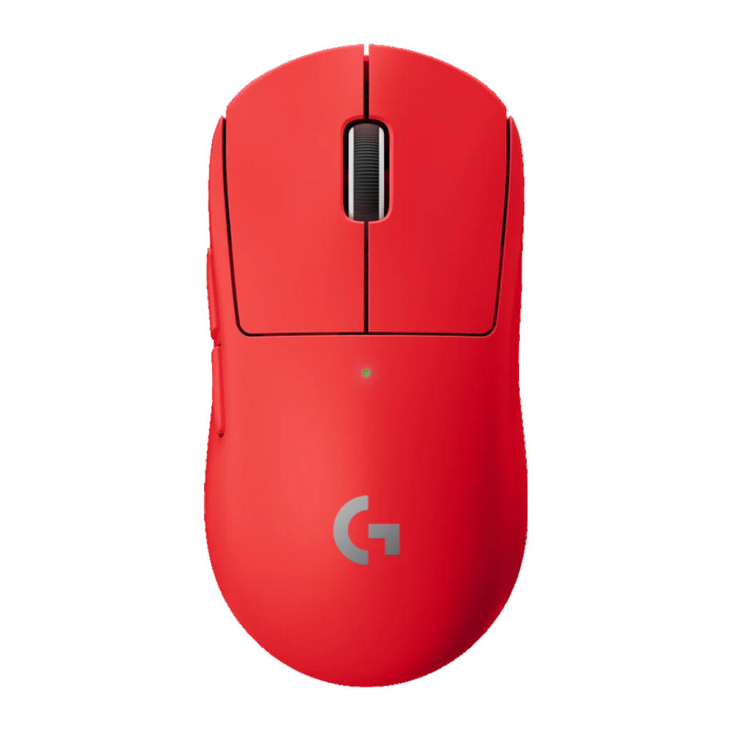 Souris Gaming Logitech G Pro X Superlight Wireless Sans Fil 25600 DPI Rouge, détail: vue du dessus avec molette noire, LED
