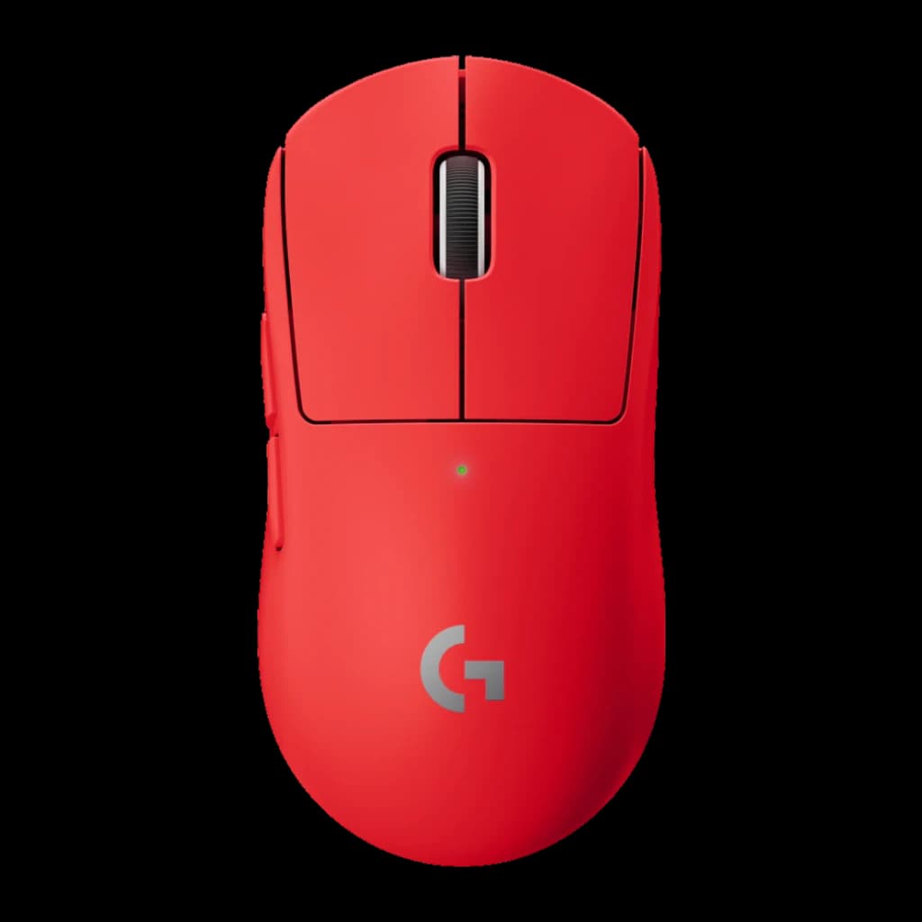 Souris Gaming Logitech G Pro X Superlight Wireless Sans Fil 25600 DPI Rouge, détail: vue du dessus avec molette noire, LED