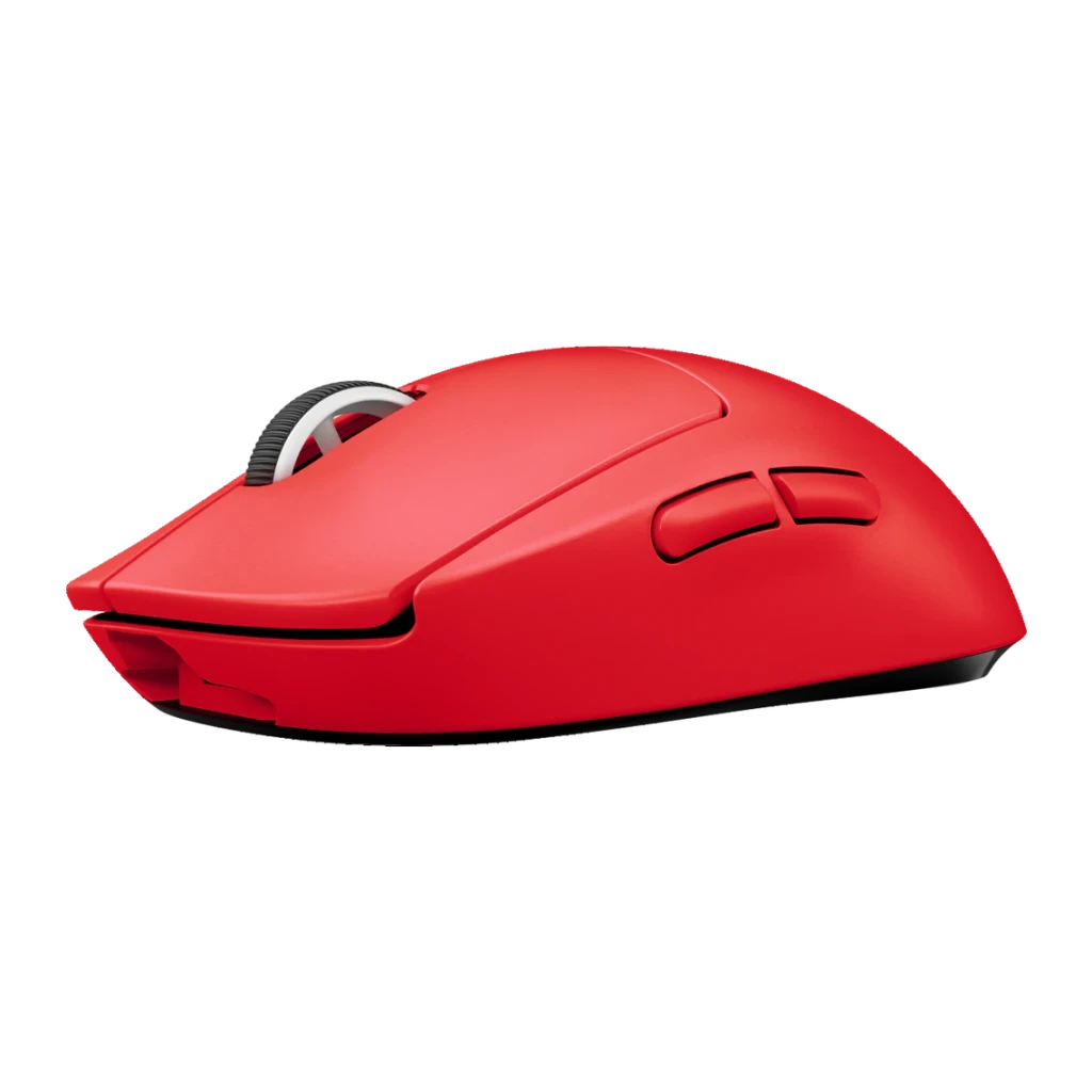 Souris Gaming Logitech G Pro X Superlight Wireless Sans Fil 25600 DPI Rouge, détail latéral: molette blanc et noir, boutons