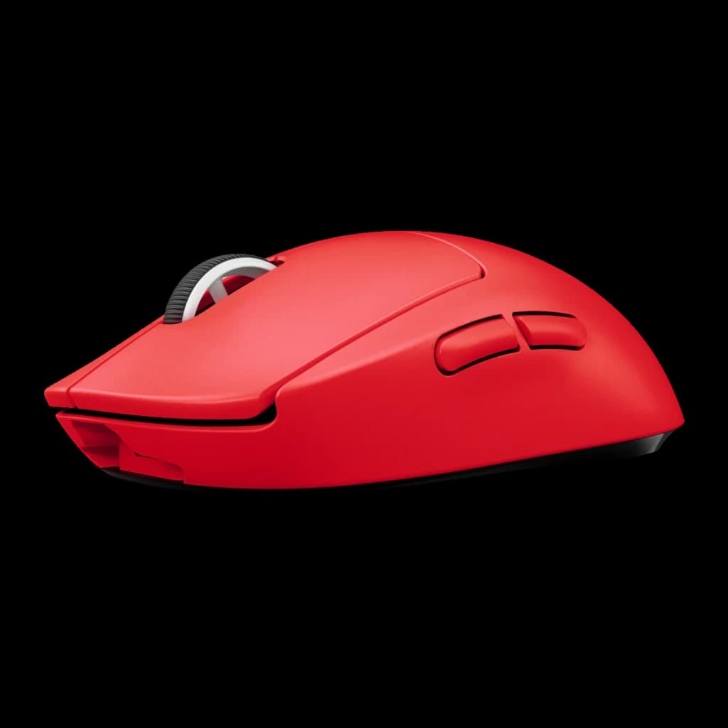 Souris Gaming Logitech G Pro X Superlight Wireless Sans Fil 25600 DPI Rouge, détail latéral: molette blanc et noir, boutons