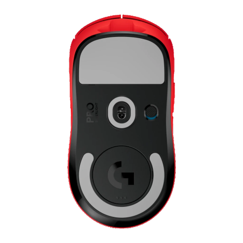 Souris Gaming Logitech G Pro X Superlight Wireless Sans Fil 25600 DPI Rouge, vue arrière: capteur optique, bouton