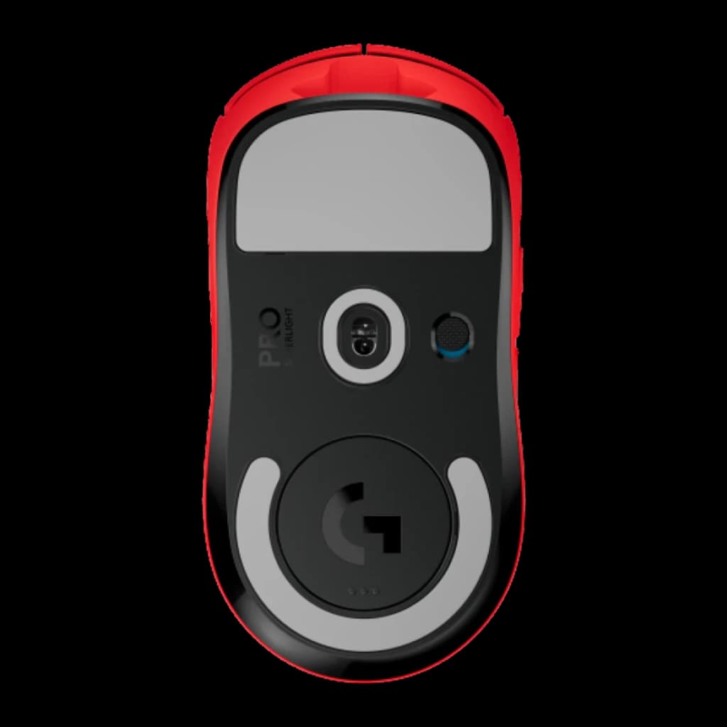 Souris Gaming Logitech G Pro X Superlight Wireless Sans Fil 25600 DPI Rouge, vue arrière: capteur optique, bouton