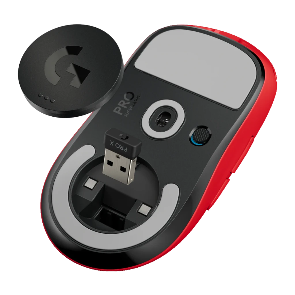 Souris Gaming Logitech G Pro X Superlight Wireless Sans Fil 25600 DPI Rouge, détail: dessous avec capteur, récepteur USB