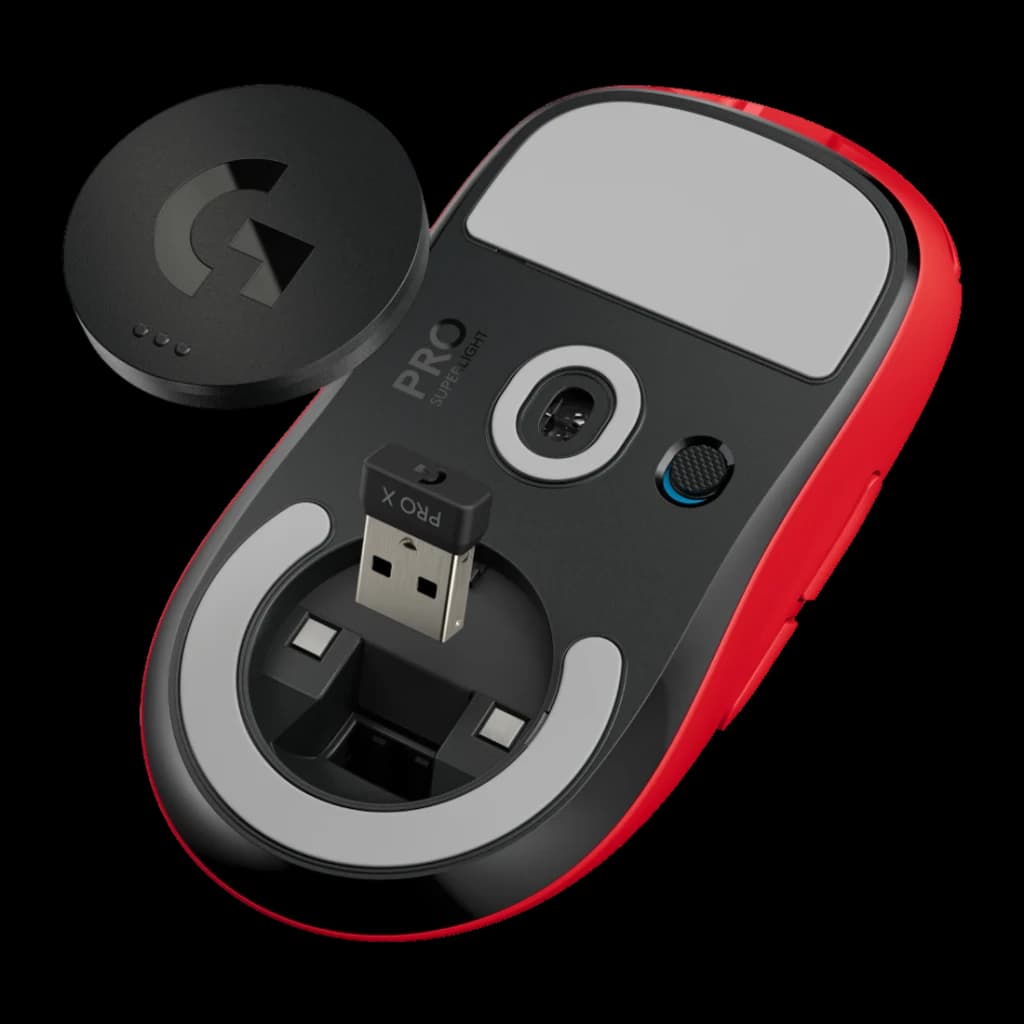 Souris Gaming Logitech G Pro X Superlight Wireless Sans Fil 25600 DPI Rouge, détail: dessous avec capteur, récepteur USB