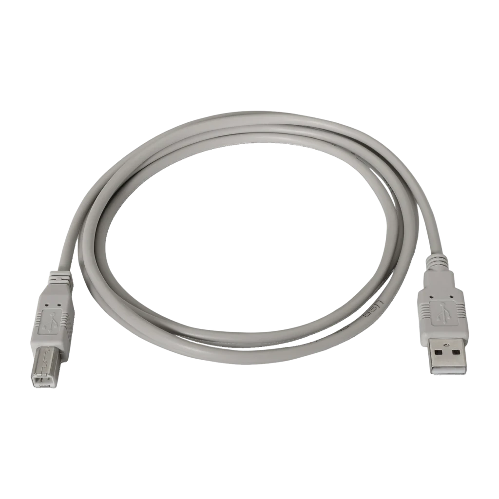 Câble USB AISENS A101-0001 USB-A vers USB-B 2.0 1m Beige, détail: câble enroulé avec connecteurs USB-A et USB-B visibles