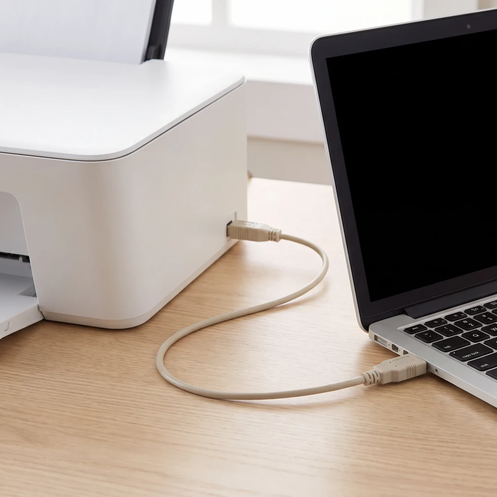 Câble USB AISENS A101-0001 USB-A vers USB-B 2.0 1m Beige, en utilisation: branché entre imprimante et ordinateur portable