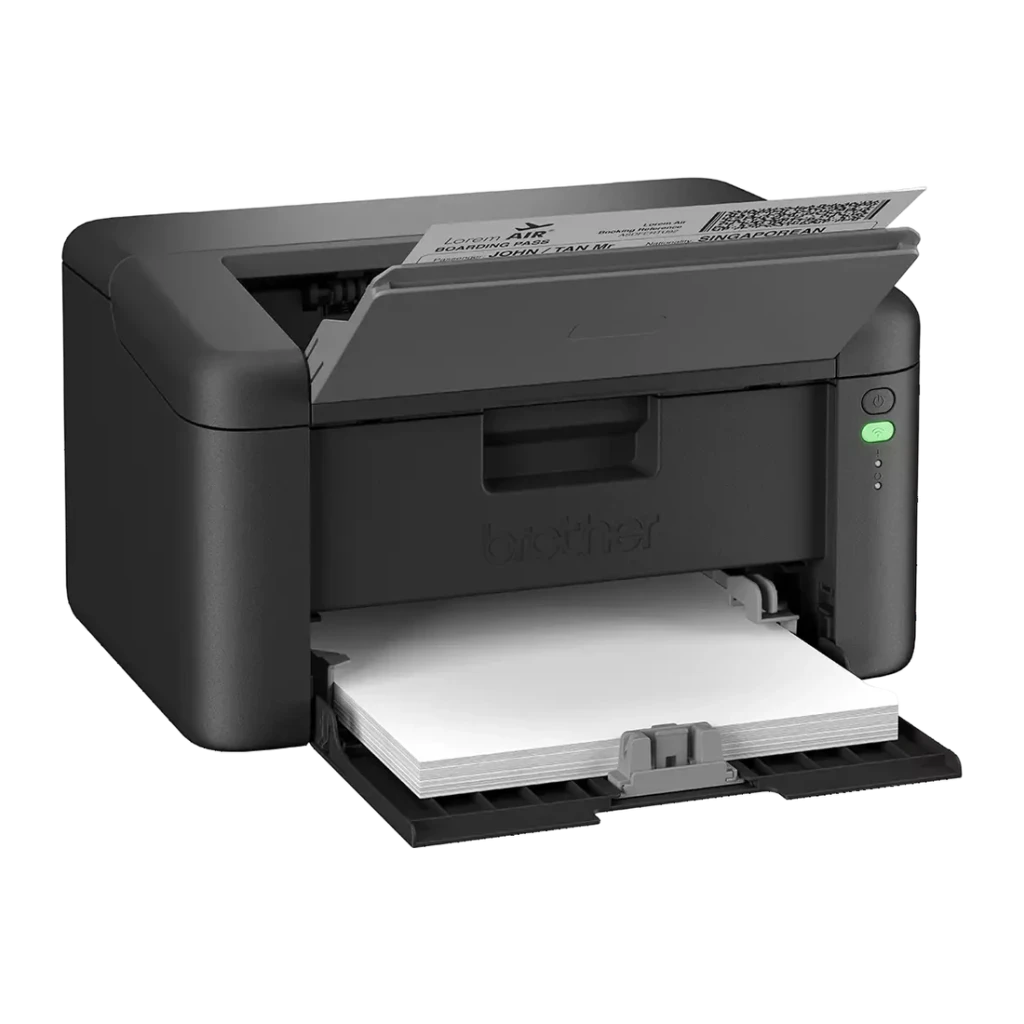 Impressora Brother HL-L1240W Laser Monocromática Preto, detalhe: bandeja de papel aberta com folhas e página impressa a sair