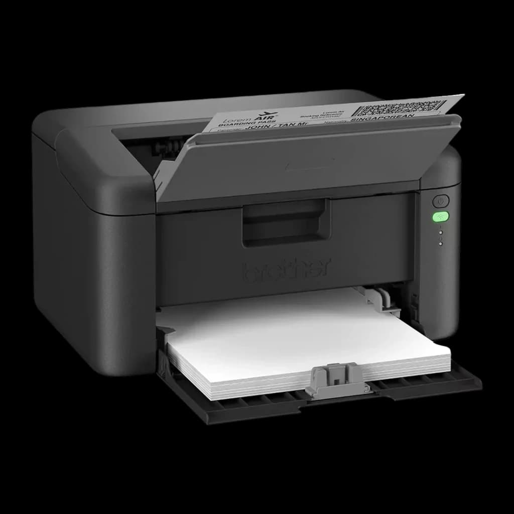 Impressora Brother HL-L1240W Laser Monocromática Preto, detalhe: bandeja de papel aberta com folhas e página impressa a sair