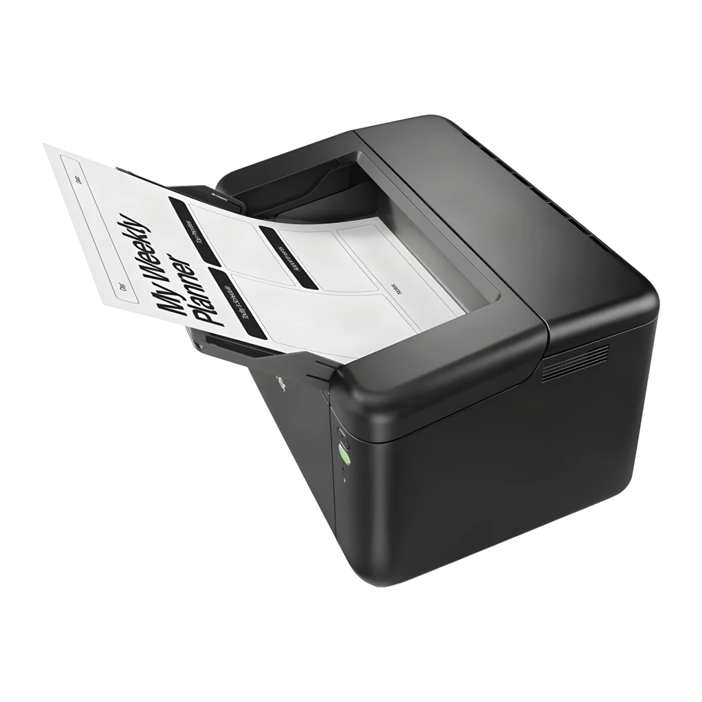 Impressora Brother HL-L1240W Laser Monocromática Preto, detalhe: folha com planeador semanal a sair pelo tabuleiro superior