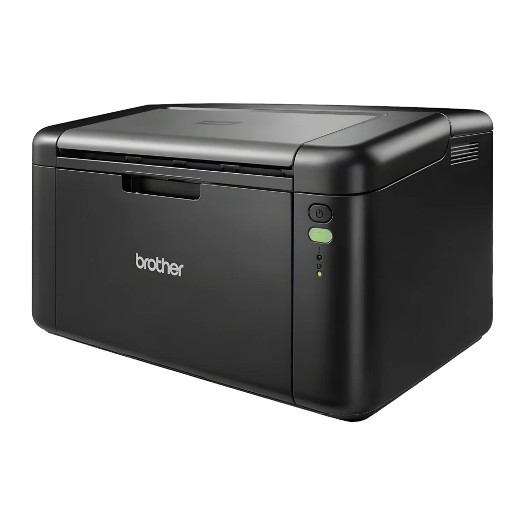 Impressora Brother HL-L1240W Laser Monocromática Preto, detalhe: vista lateral com botão de energia e LED verde WiFi visíveis