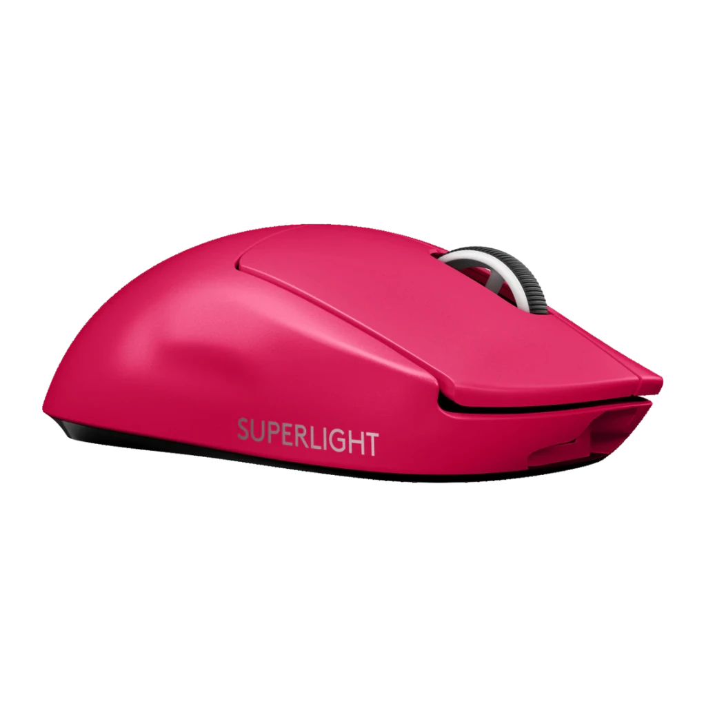 Ratón Gaming Logitech G PRO X Superlight Inalámbrico LIGHTSPEED 25600 DPI Rosa, vista frontal: perfil lateral rosa con logo