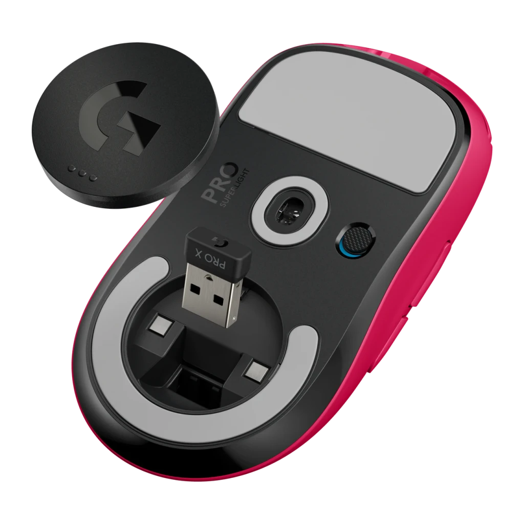 Ratón Gaming Logitech G PRO X Superlight Inalámbrico LIGHTSPEED 25600 DPI Rosa, vista trasera: sensor óptico, receptor USB