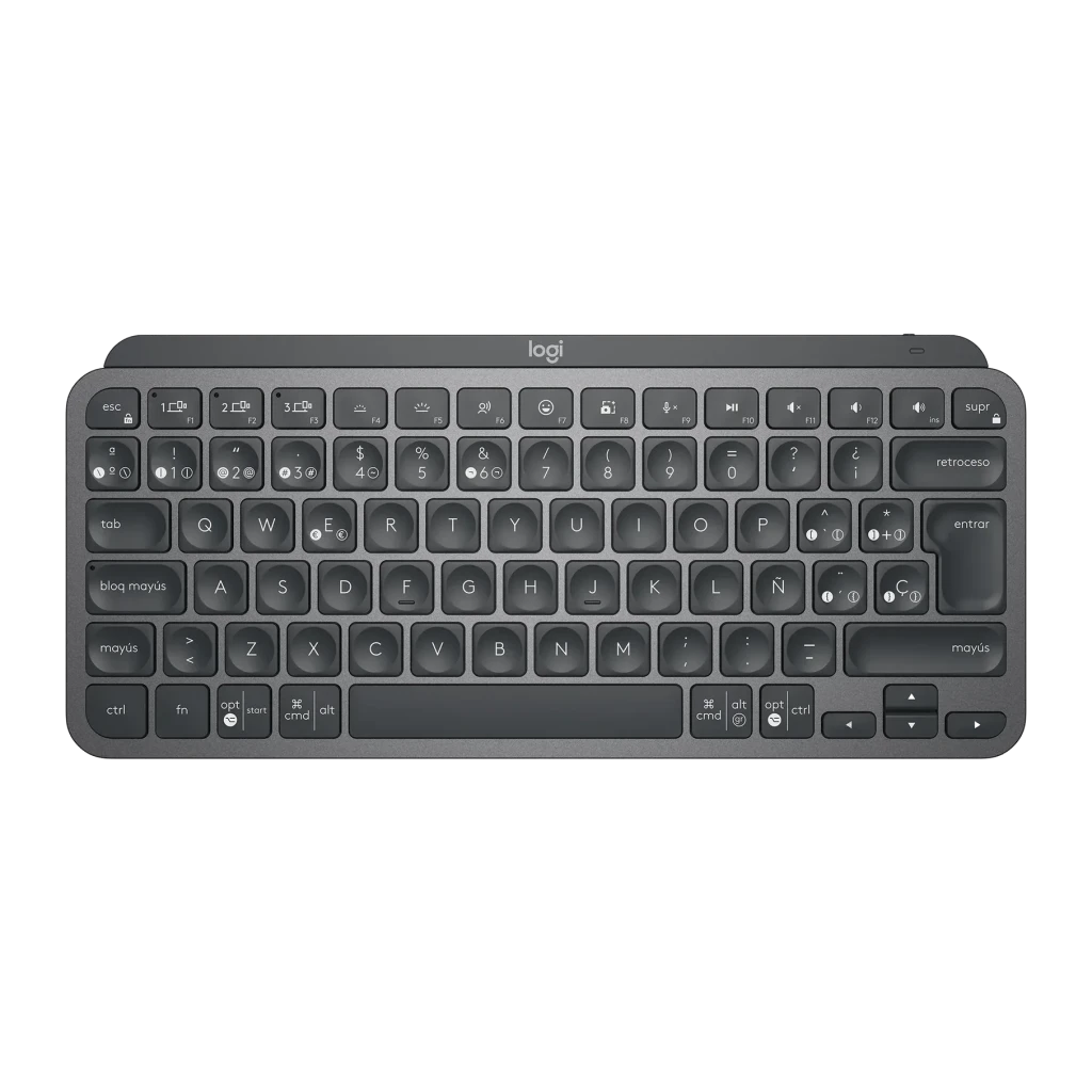 Teclado Logitech MX Keys Mini Inalámbrico Grafito, detalle: vista superior con distribución de teclas en español y logo logi