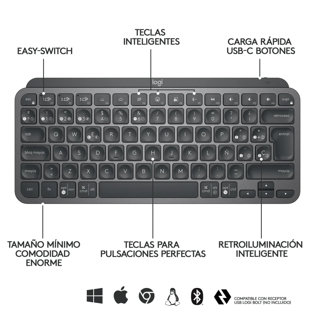 Teclado Logitech MX Keys Mini Inalámbrico Grafito, vista superior: infografía con teclas inteligentes, Easy-Switch