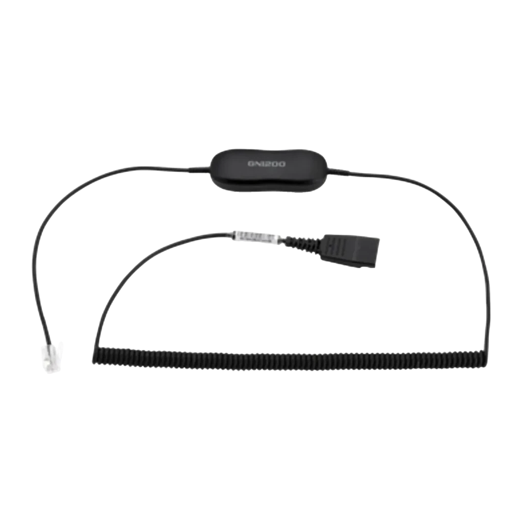 Câble pour casque Jabra GN1218 AC 2m QD vers RJ-9 Noir, vue de face: connecteur QD, module en ligne et section spiralée