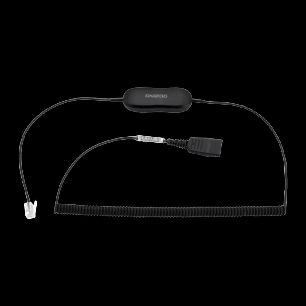Câble pour casque Jabra GN1218 AC 2m QD vers RJ-9 Noir, vue de face: connecteur QD, module en ligne et section spiralée