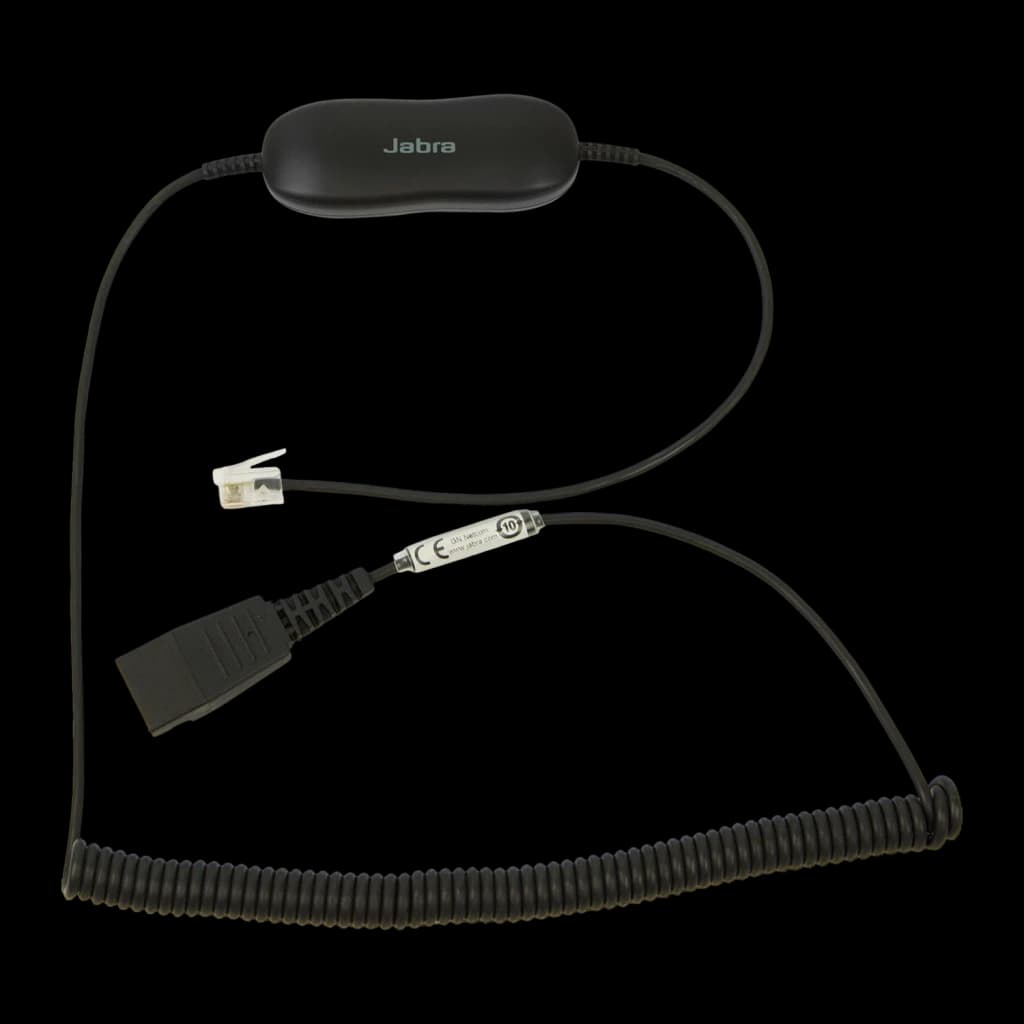 Câble pour casque Jabra GN1218 AC 2m QD vers RJ-9 Noir, détail: connecteur QD, module Jabra et spirale enroulée visibles