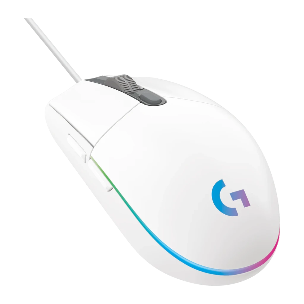 Ratón Gaming Logitech G203 Lightsync 8000 DPI RGB Blanco, vista frontal: logo G iluminado y franja RGB en la base