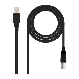 Câble USB Nanocable 2.0 Type A/B 1m USB-A vers USB-B Noir, vue de face: connecteur USB-A doré et connecteur USB-B argenté