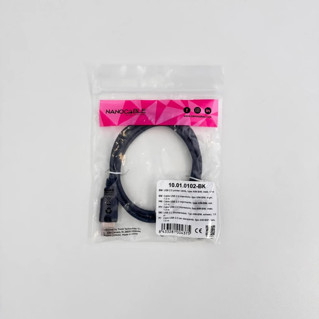 Câble USB Nanocable 2.0 Type A/B 1m USB-A vers USB-B Noir, contenu boîte: câble enroulé en sachet transparent avec étiquette